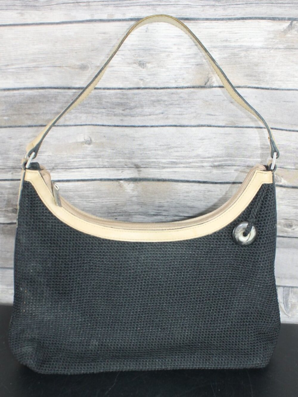 The Sak Woven Handbag Purse Black Shoulder Bag Tan Trim Bag Charm 12" x 9" x 4"